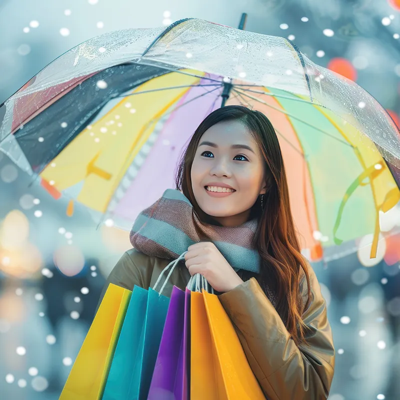 Frau mit Regenschirm und Taschen
