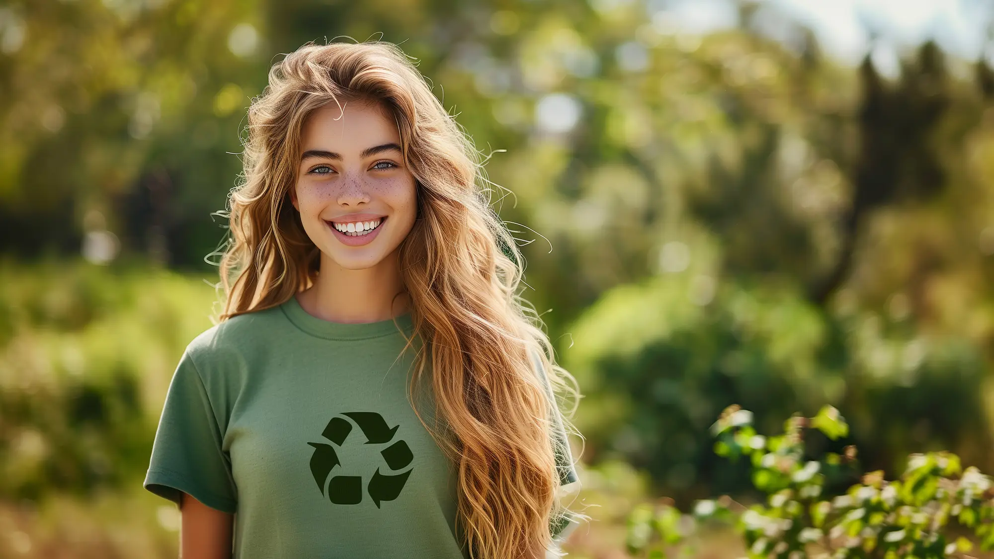 Junge Frau mit grünem Shirt in der Natur lächelt